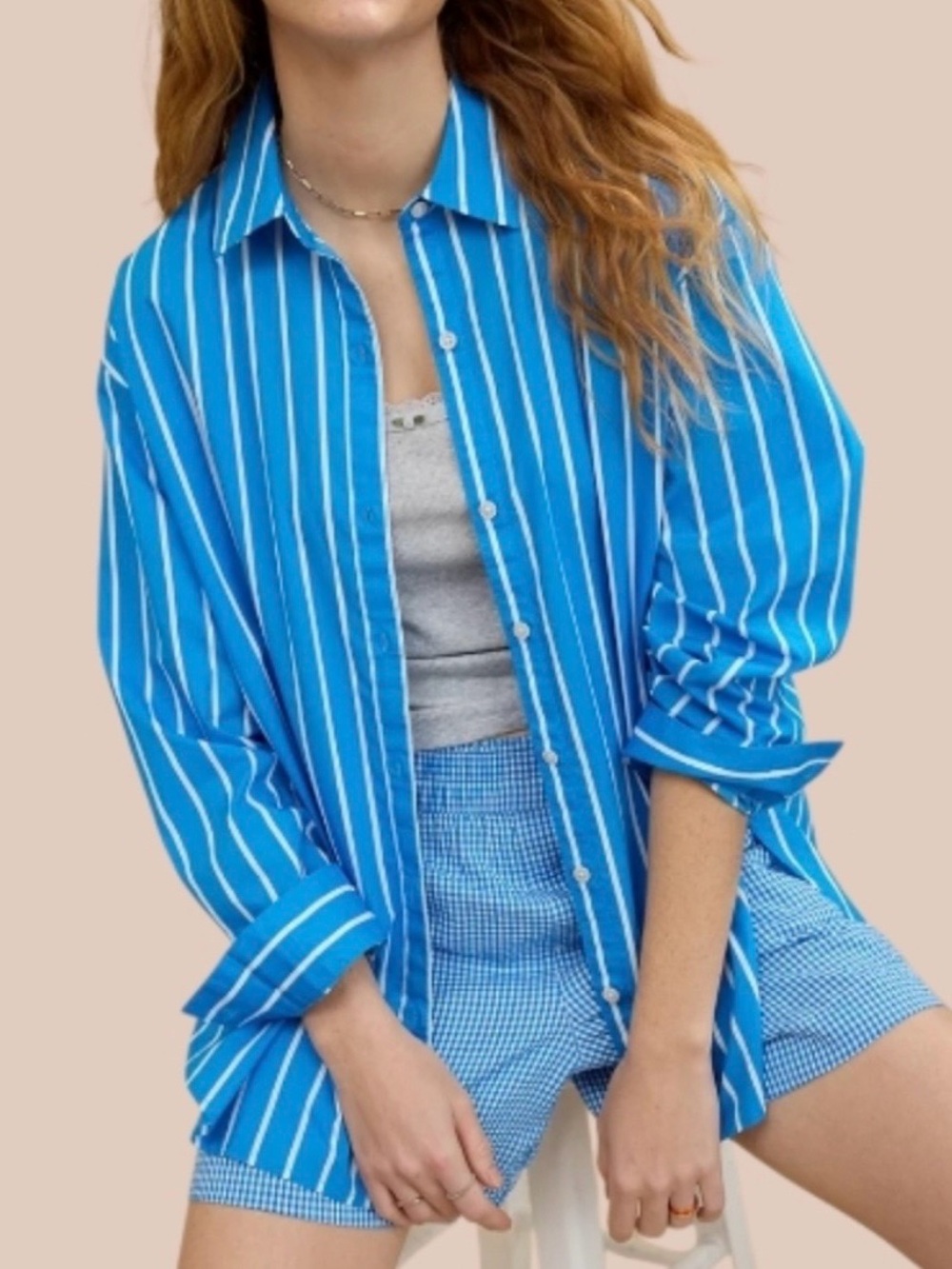 AERIE Good Day Button Down Blue & White Striped Cotton Oversized Shirt Size XL